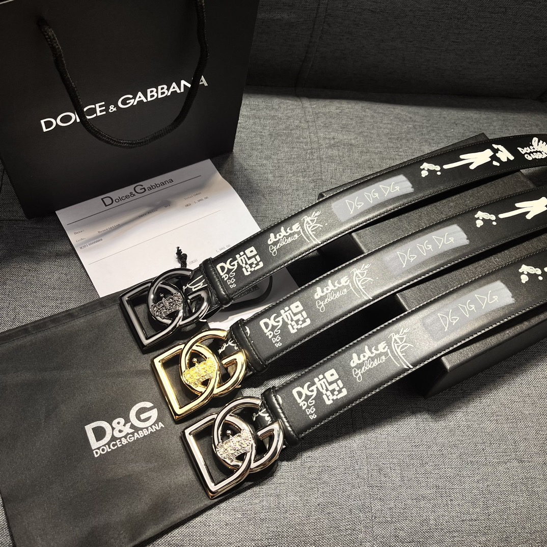 DG宽4.0Dolce&Gabbana新款黑色印花小牛皮腰带摩登干练配饰缀以双色电镀金属DG徽标搭扣