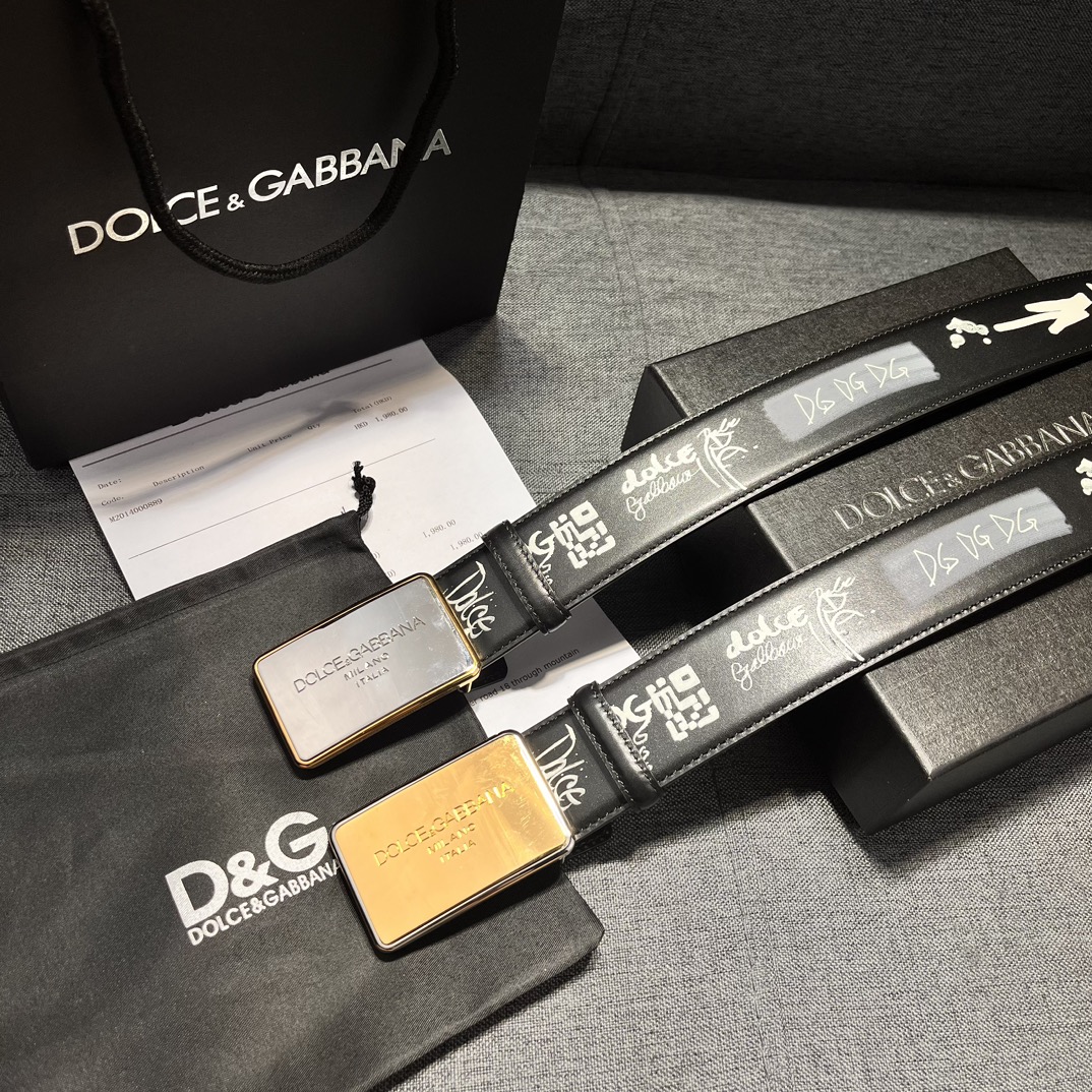 DG宽4.0Dolce&Gabbana新款黑色印花小牛皮腰带摩登干练配饰缀以双色电镀金属DG徽标搭扣