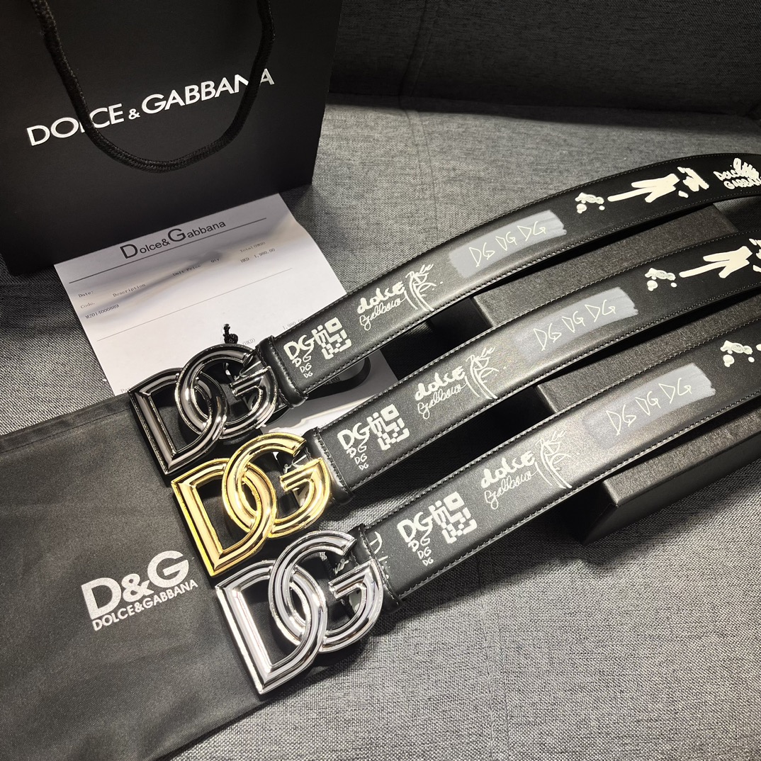 DG宽4.0Dolce&Gabbana新款黑色印花小牛皮腰带摩登干练配饰缀以双色电镀金属DG徽标搭扣