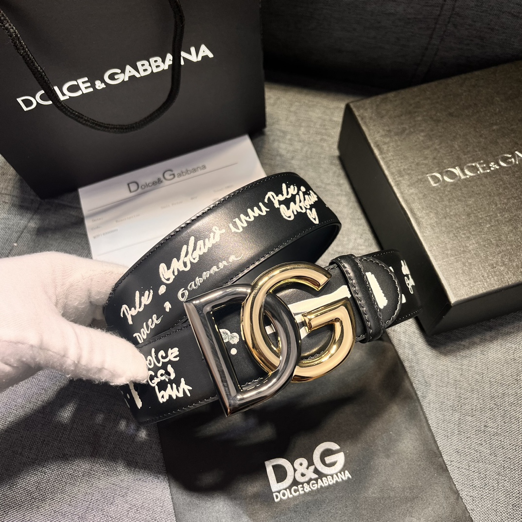 DG宽4.0㎝ Dolce&Gabbana 新款 黑色印花小牛皮腰带 摩登干练配饰