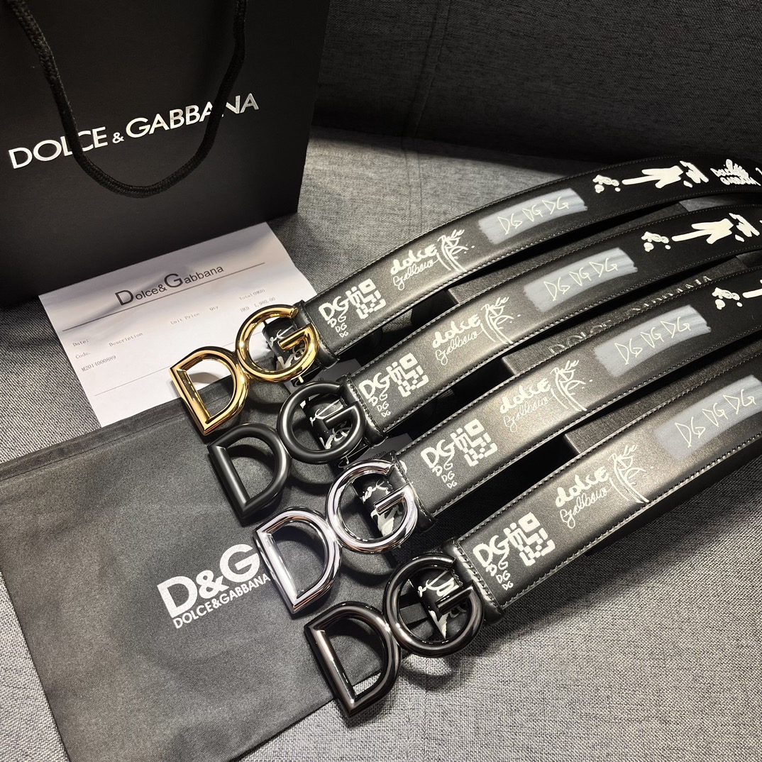 DG宽4.0㎝ Dolce&Gabbana 新款 黑色印花小牛皮腰带