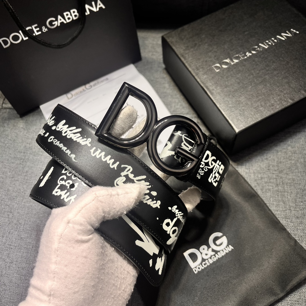 DG宽4.0㎝ Dolce&Gabbana 新款 黑色印花小牛皮腰带