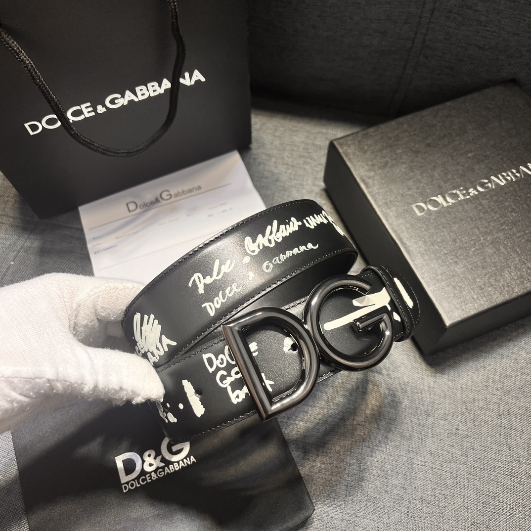 DG宽4.0㎝ Dolce&Gabbana 新款 黑色印花小牛皮腰带