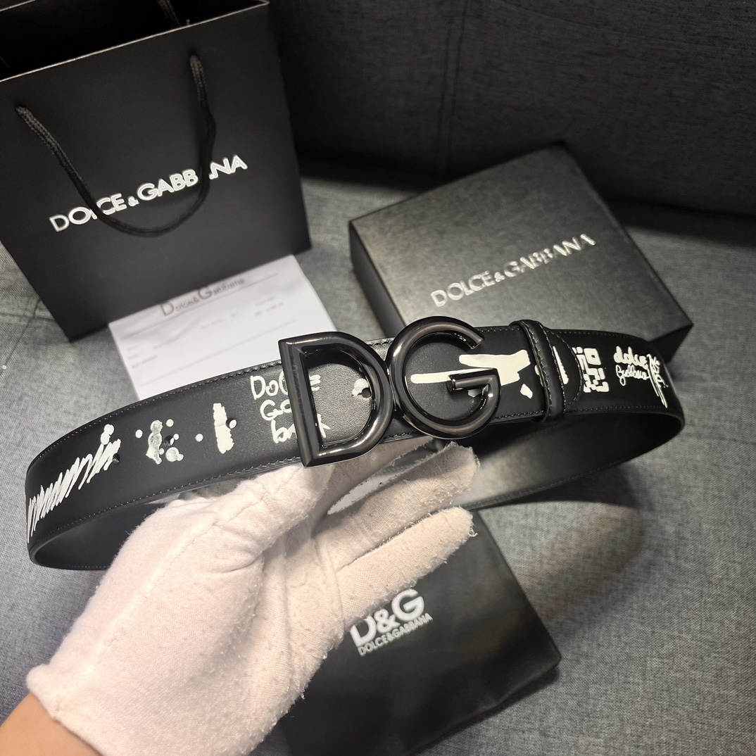 DG宽4.0㎝ Dolce&Gabbana 新款 黑色印花小牛皮腰带