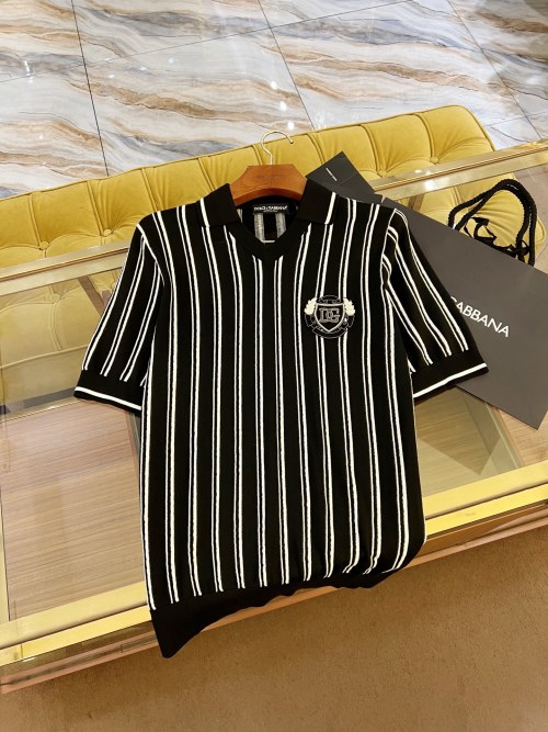 Dolce & Gabbana Striped V-Neck Knitted T-Shirt with Silk Logo Detail