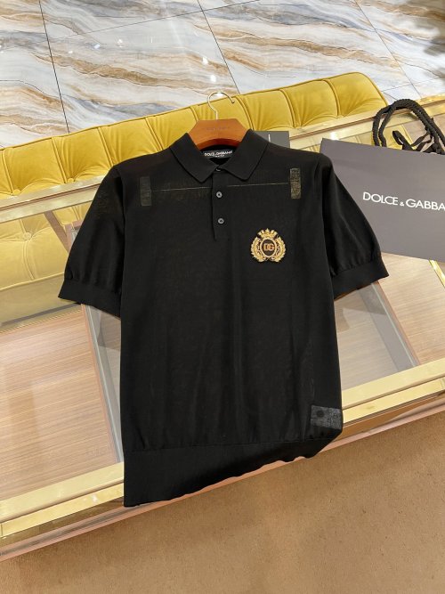 Dolce & Gabbana Black Silk Knit Polo Shirt with Gold Crown Detail 1 Dolce & Gabbana Black Silk Knit Polo Shirt with Gold Crown Detail