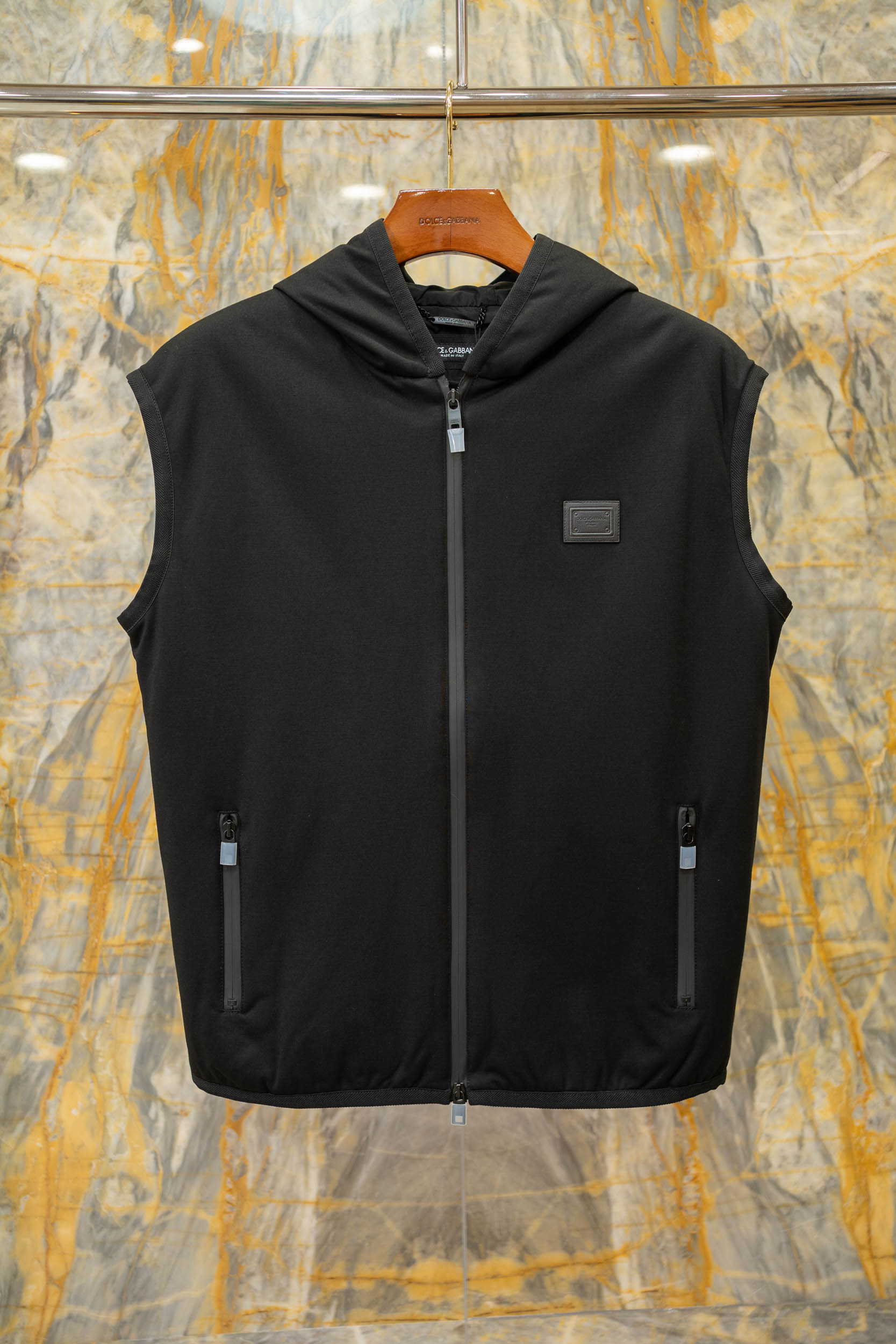 Dolce & Gabbana Padded Vest With Hood, Black Knit Fabric, DG Logo 2 a1759323574071 8434