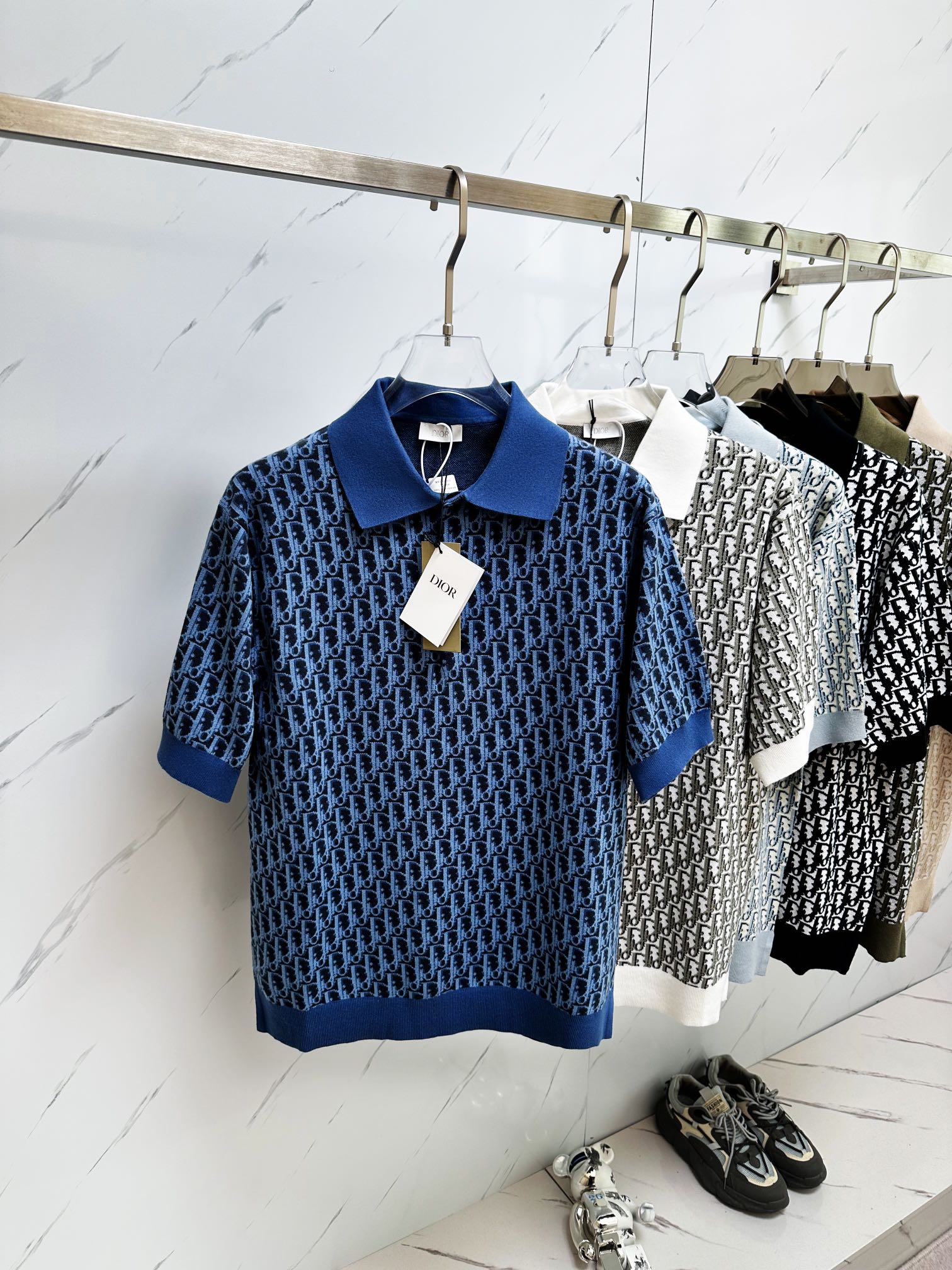 Dior Clothing Polo T-Shirt Black Blue Printing Men Cotton Knitting Spring/Summer Collection Oblique Short Sleeve