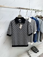 Dior Clothing Polo T-Shirt Black Blue Printing Men Cotton Knitting Spring/Summer Collection Oblique Short Sleeve