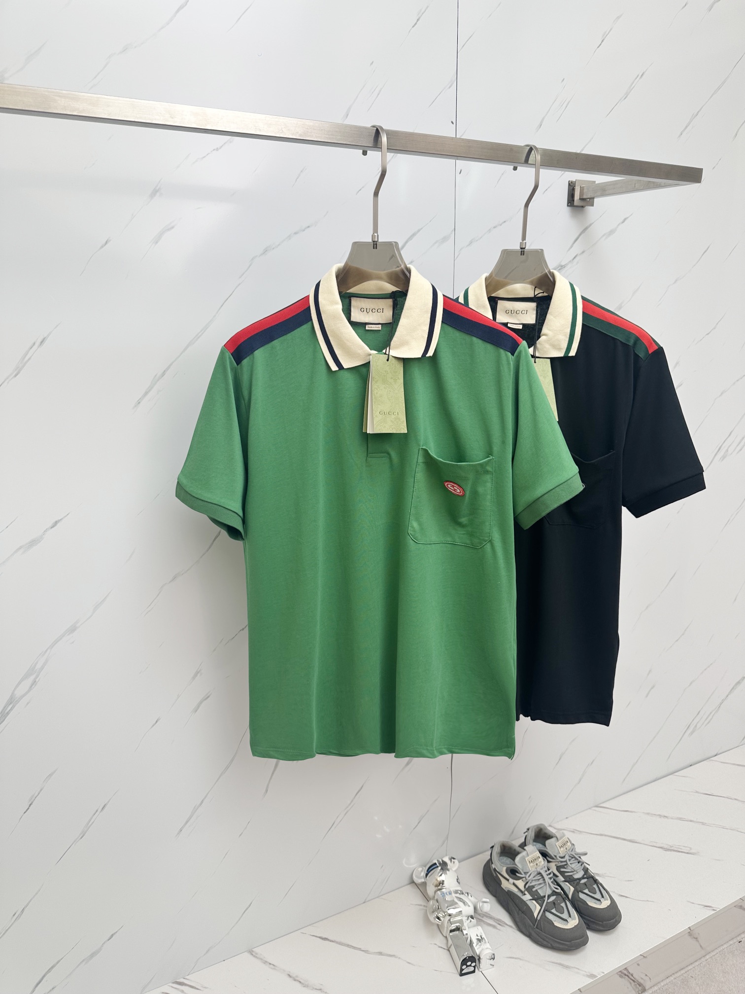 Gucci Clothing Coats & Jackets Pants & Trousers Polo T-Shirt Black Green Red Embroidery Cotton Knitted Knitting Spring/Summer Collection Vintage Short Sleeve