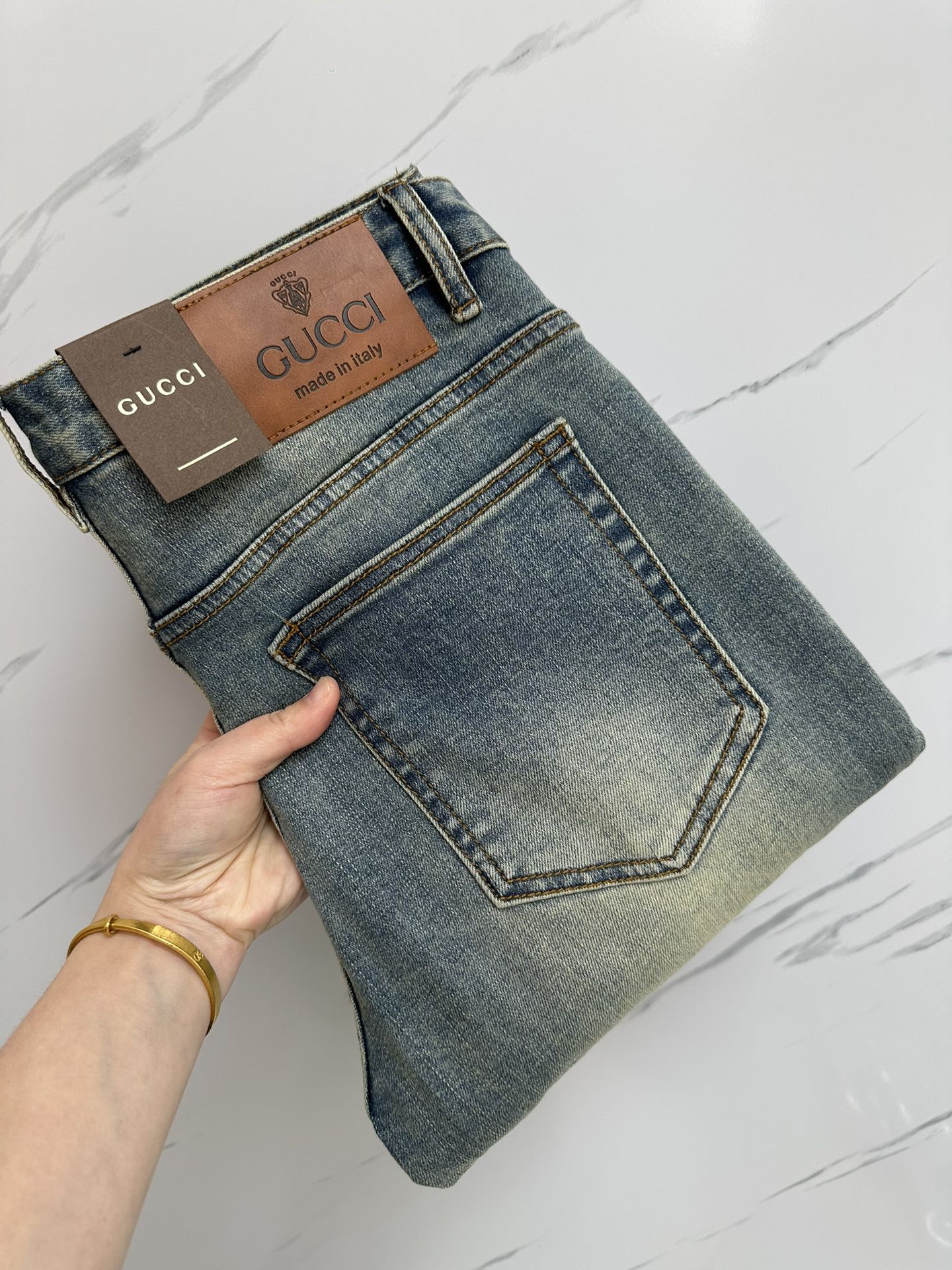 Gucci Men's Distressed Denim Jeans with Logo Detail, Sizes 29-38