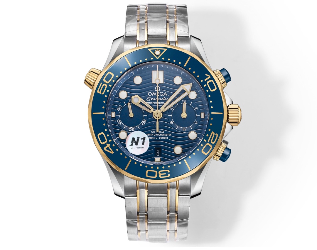 NO:157235,White Steel, Jin Steel, All Rose Glue, N1Factory New Product, Unique Ingenious, Purchase Steel Strap Style and Get a Tape Buckle, Omega OMEGA OT1 New Haima 300m 44mm Chronograph N1Factory1-1 Exclusive independently developed 9900 movement function is consistent with the original, the 3-point dial is a 12-hour chronograph dial and a 60-minute chronograph dial 1 New Haima 300m literal ceramic dial, the disc surface is transparent, 2 The case is sandy and delicate lines are consistent with the original, there will be no broken patterns, the original cone exhaust valve, the ring port rotates crisp and smoothly. 3 The scales and characters on the ceramic ring are not easy to turn yellow, the 