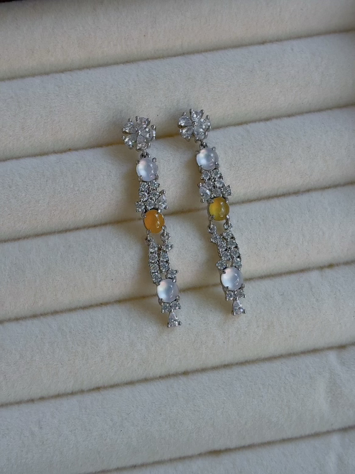 Silver-encased natural light, authentic photo: Icy, multi-colored egg-shaped drop earrings