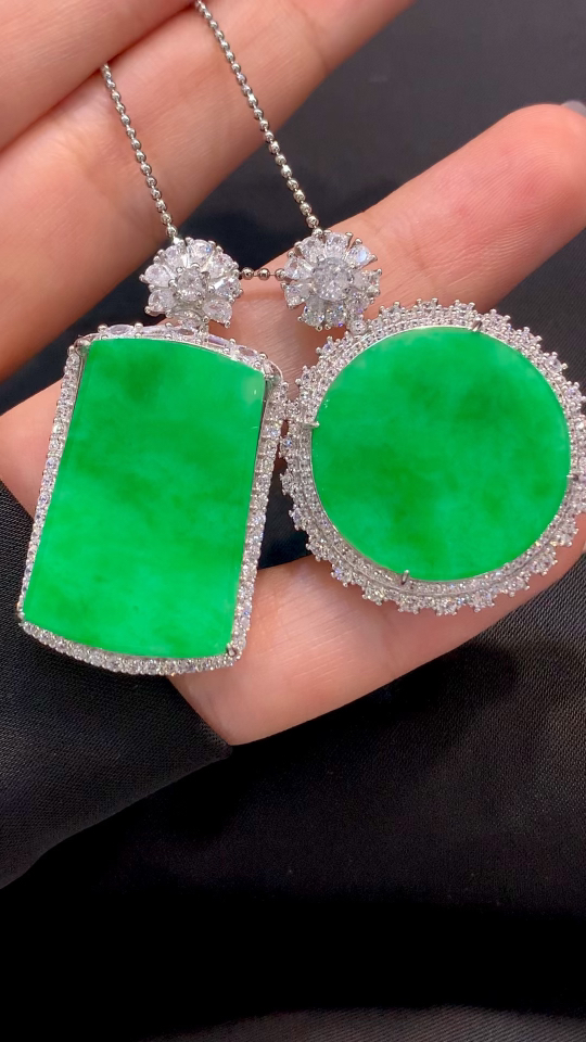 Premium Silver-Inlaid, Full Yang Green Color, Pair of Wu Shi Pendants, Large & Substantial Piece