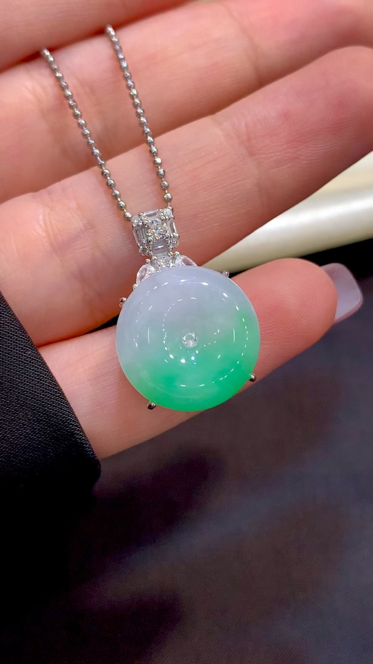 Premium Silver-Set Ice-Jade Half-Mountain Half-Water Green Ping'an Button