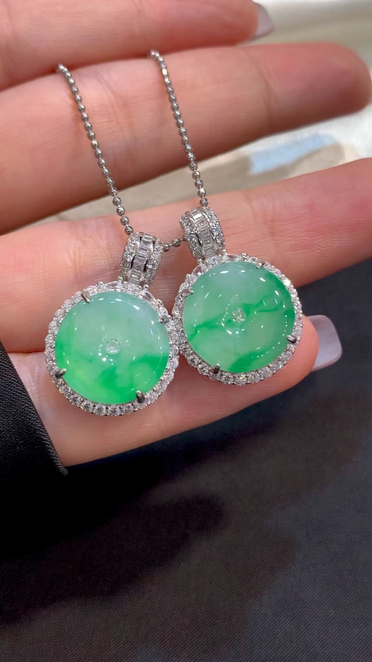 Premium Silver-Inlaid Ice-Jade Green Flower Safety Coin
