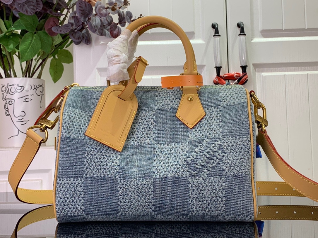 Louis Vuitton LV Speedy Bolsos de mano Blanco Lona Algodón bruto azul Colección de verano N40700