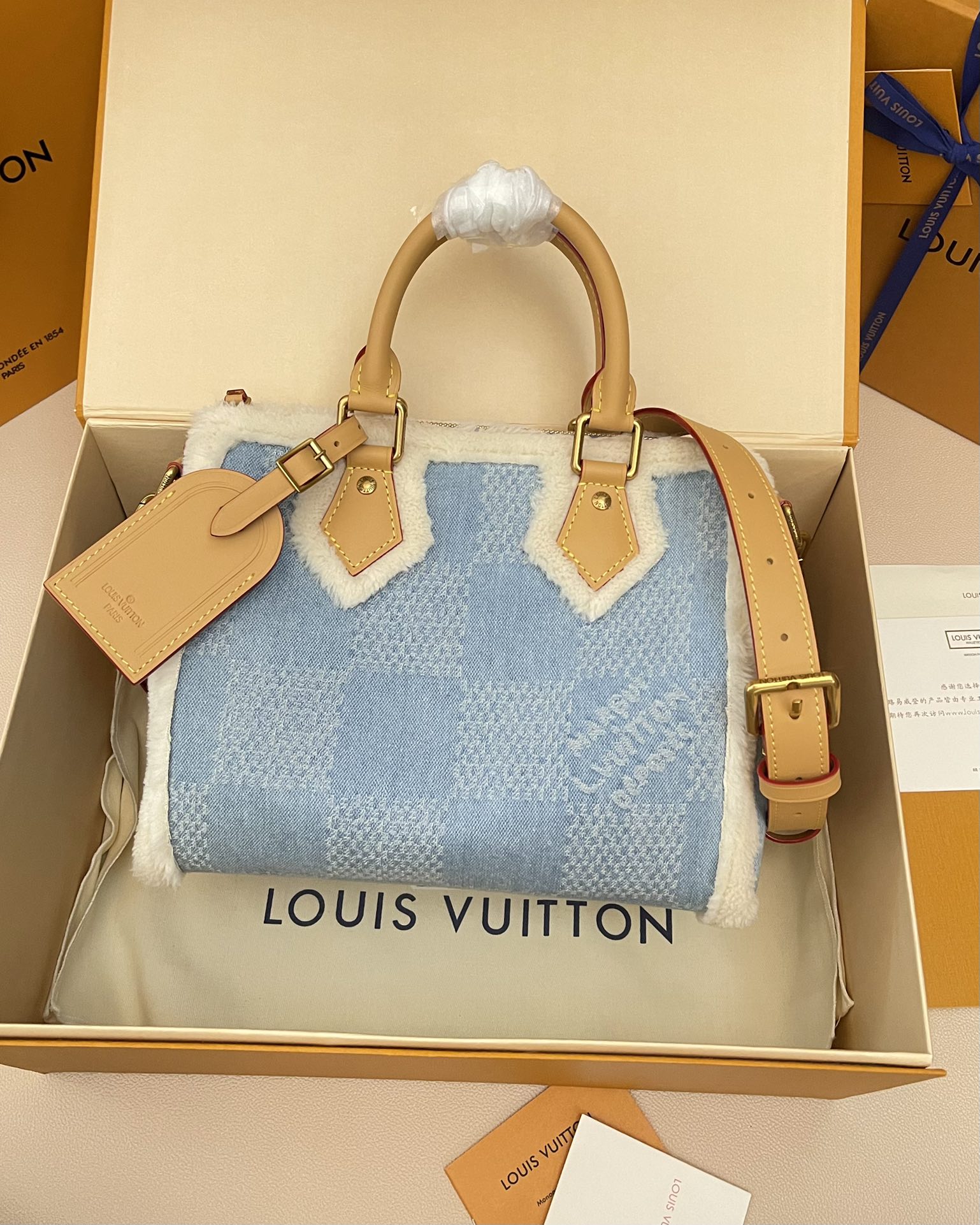 Louis Vuitton LV Speedy Bolsos de mano Algodón bruto azul Piel de oveja N00111