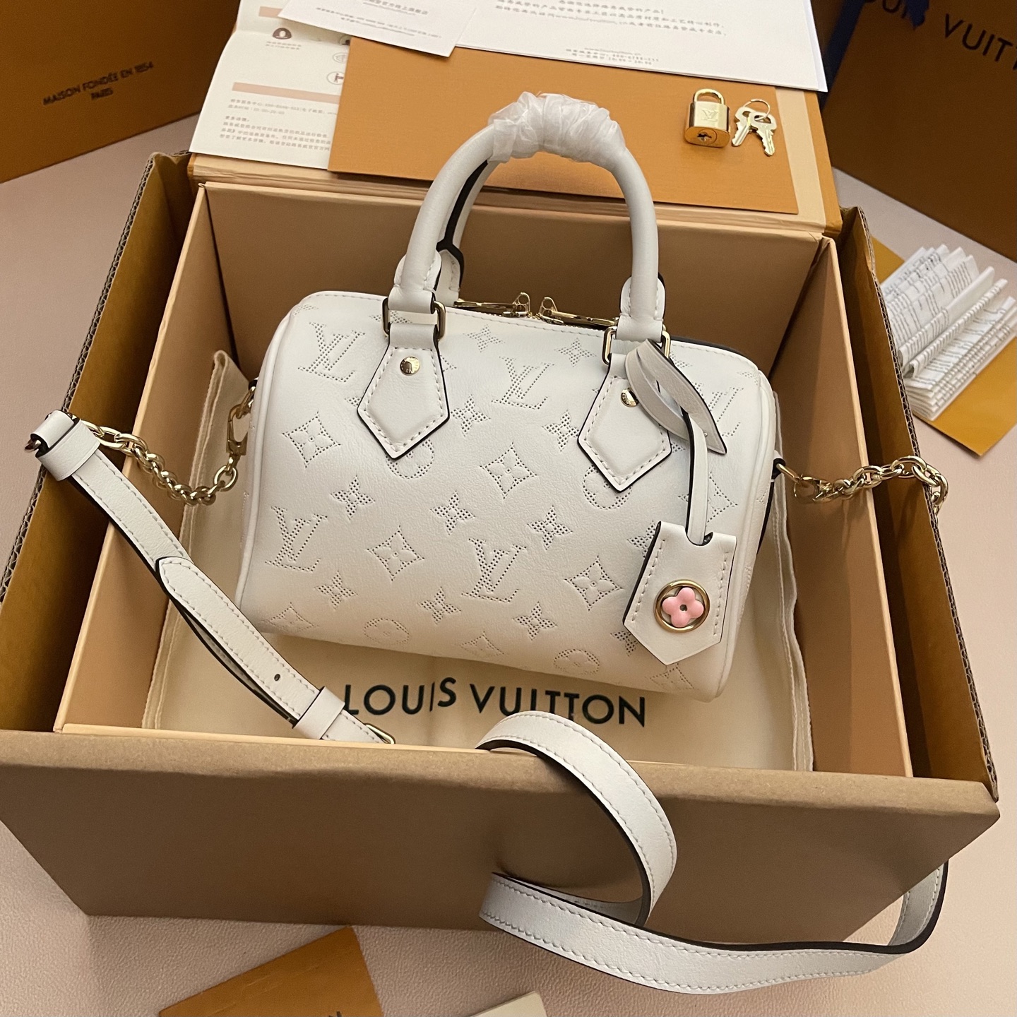 Louis Vuitton Speedy Bandoulière 20 White Leather Satchel Bag, Top Handle Bag 2 i1745761902454 1321 0 0