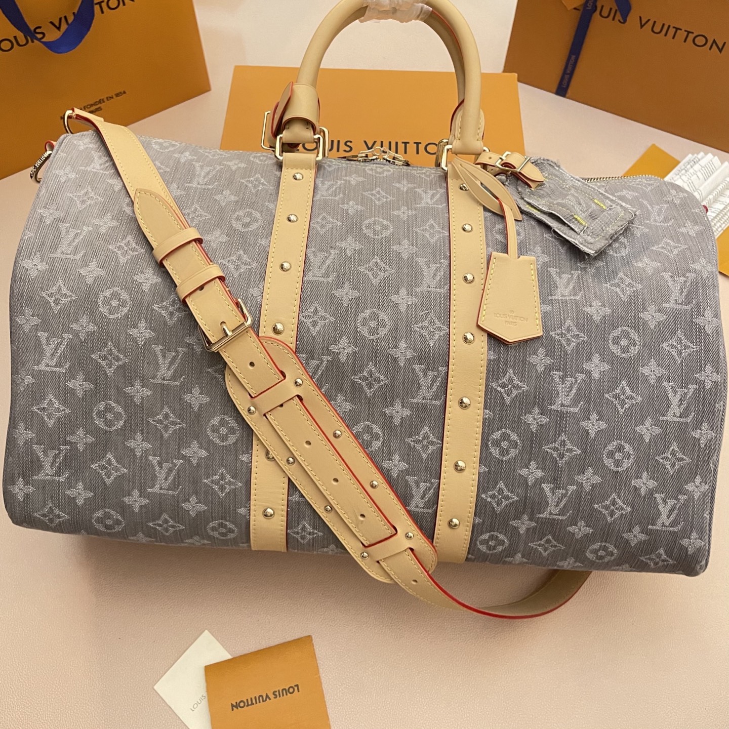 Louis Vuitton Keepall Bandouliere 45 Monogram Denim Travel Bag, Gray 1 i1747144382254 3773 0 0