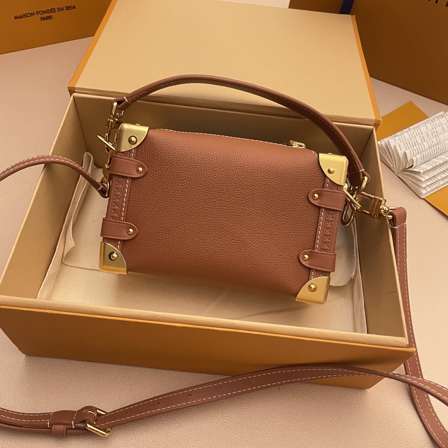 Louis Vuitton Side Trunk Handbag with Leather, Brown, Small Size 18*12.5*8 2 i1748354109601 8980 0 1