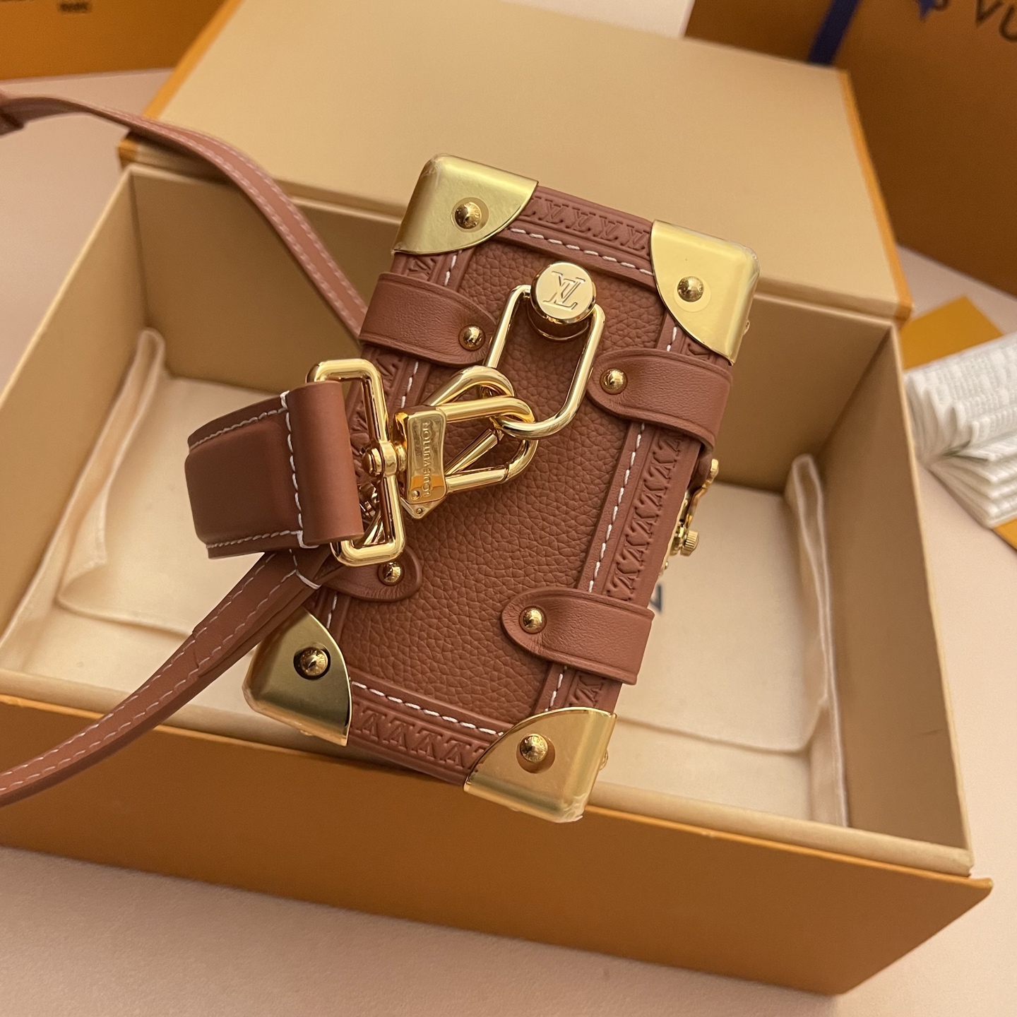 Louis Vuitton Side Trunk Handbag with Leather, Brown, Small Size 18*12.5*8 3 i1748354111392 1317 0 2