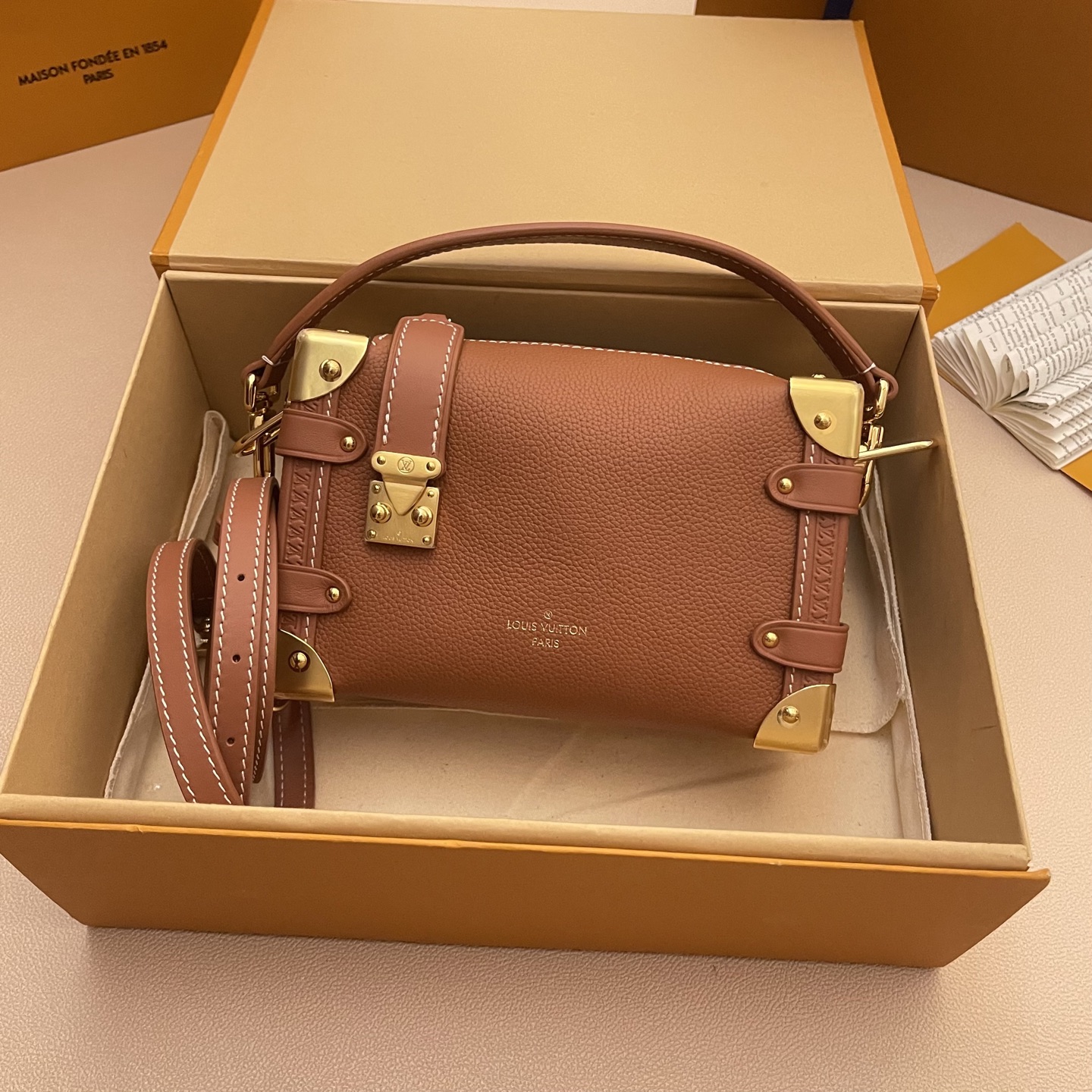 Louis Vuitton Side Trunk Handbag with Leather, Brown, Small Size 18*12.5*8 1 i1748354111457 2871 0 0