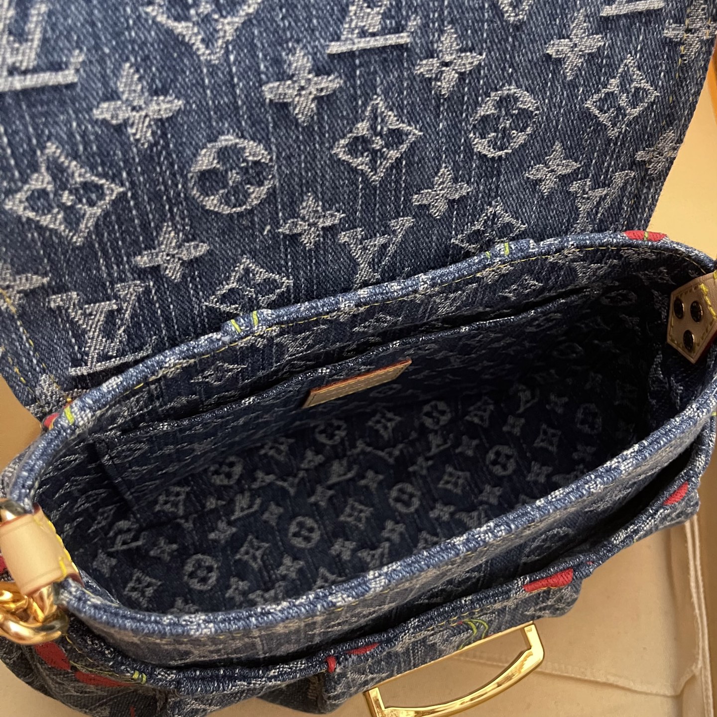 Sunset Handbag in Monogram Denim with Cherry Embroidery, 27 x 18 x 3 cm 9 i1748441158325 3263 0 7