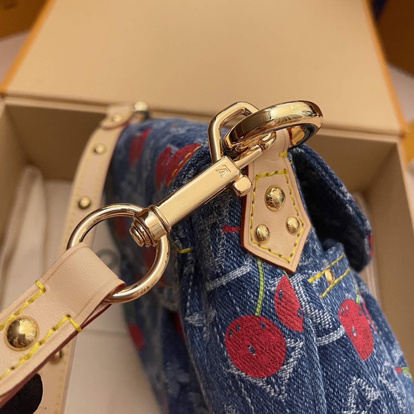 Sunset Handbag in Monogram Denim with Cherry Embroidery, 27 x 18 x 3 cm 6 i1748441158325 4565 0 4