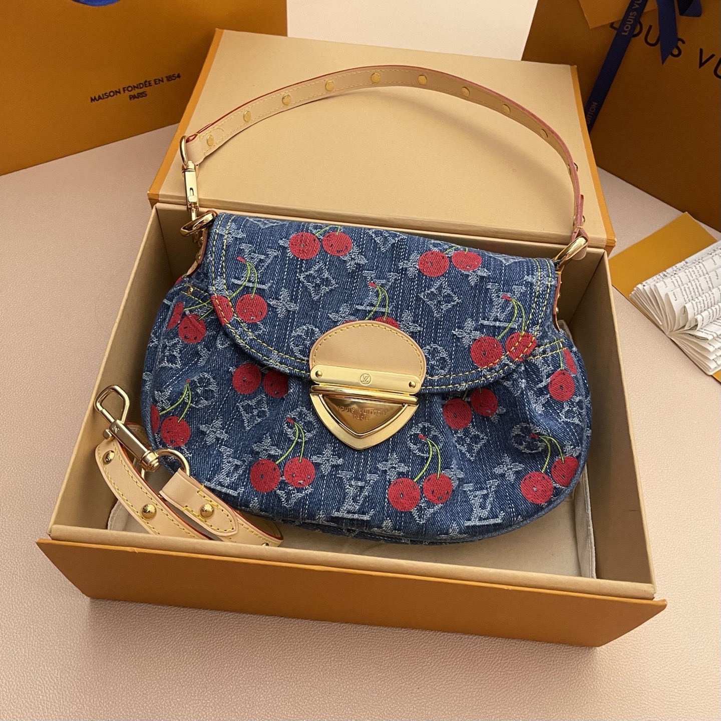 Sunset Handbag in Monogram Denim with Cherry Embroidery, 27 x 18 x 3 cm 2 i1748441159924 7917 0 0