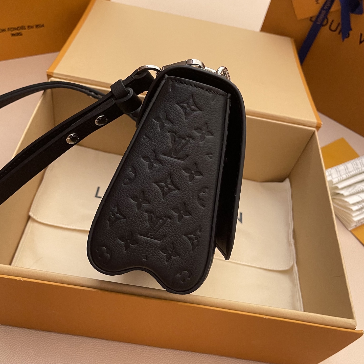 Louis Vuitton Twist Slim Black Leather Handbag with Pearl Chain, Small 4 i1748530212079 3700 0 2