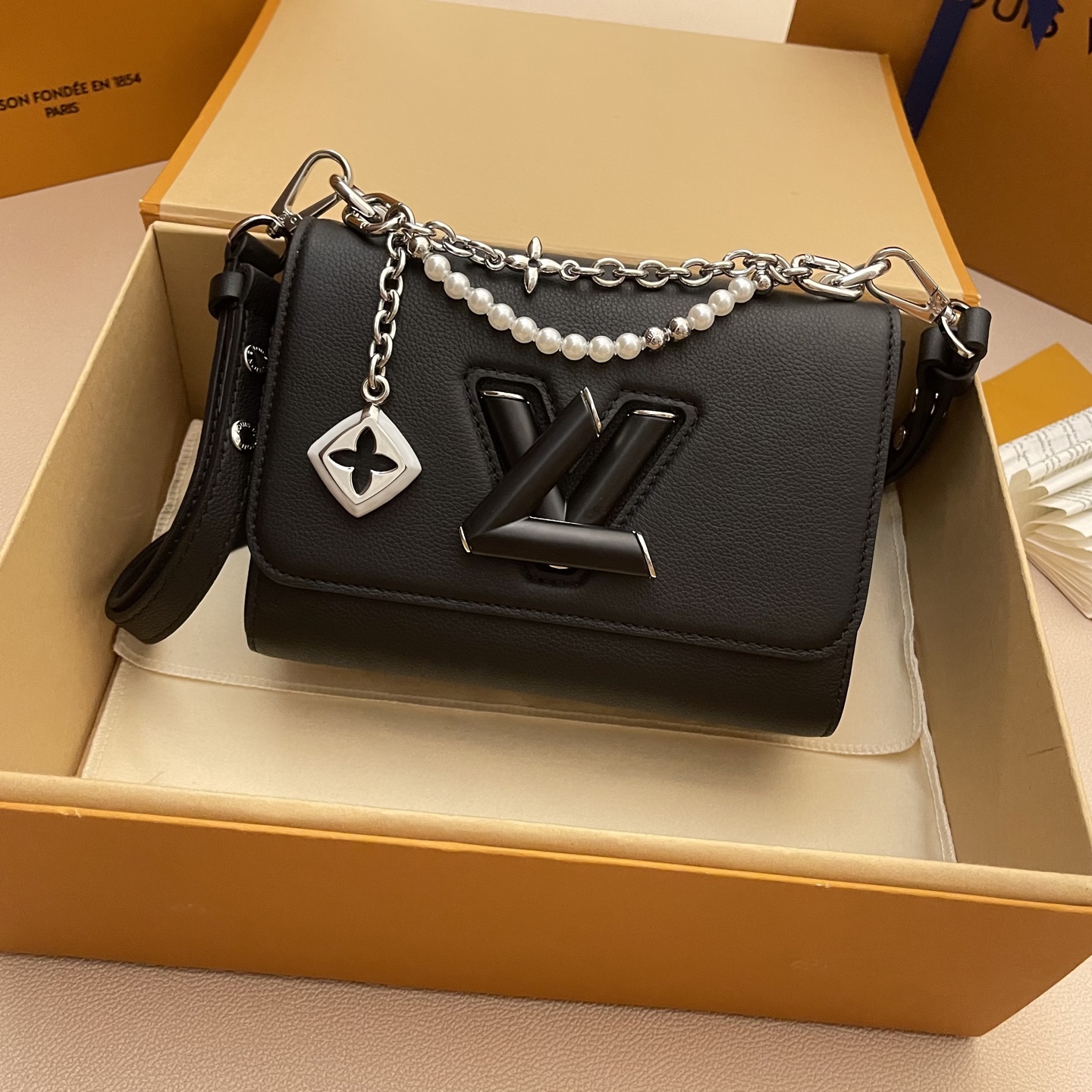 Louis Vuitton Twist Slim Black Leather Handbag with Pearl Chain, Small 2 i1748530213533 7065 0 0