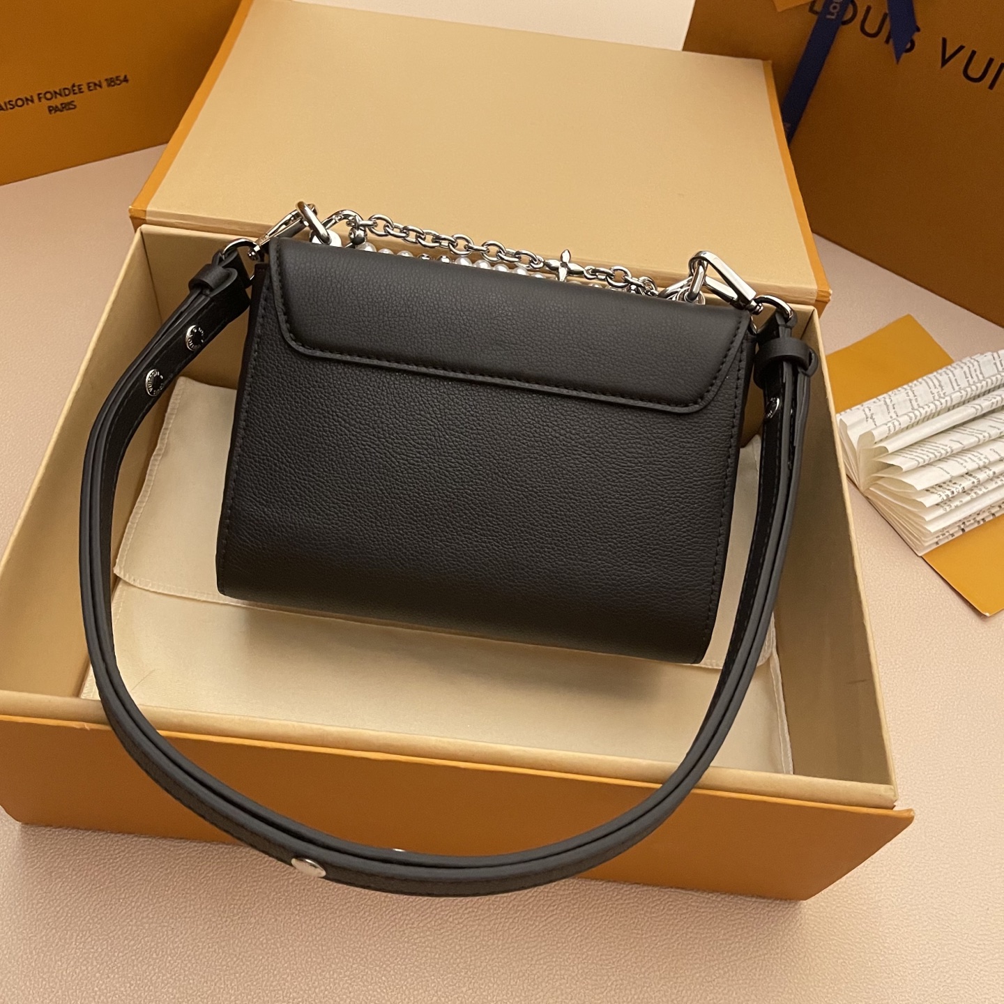 Louis Vuitton Twist Slim Black Leather Handbag with Pearl Chain, Small 3 i1748530213567 3168 0 1
