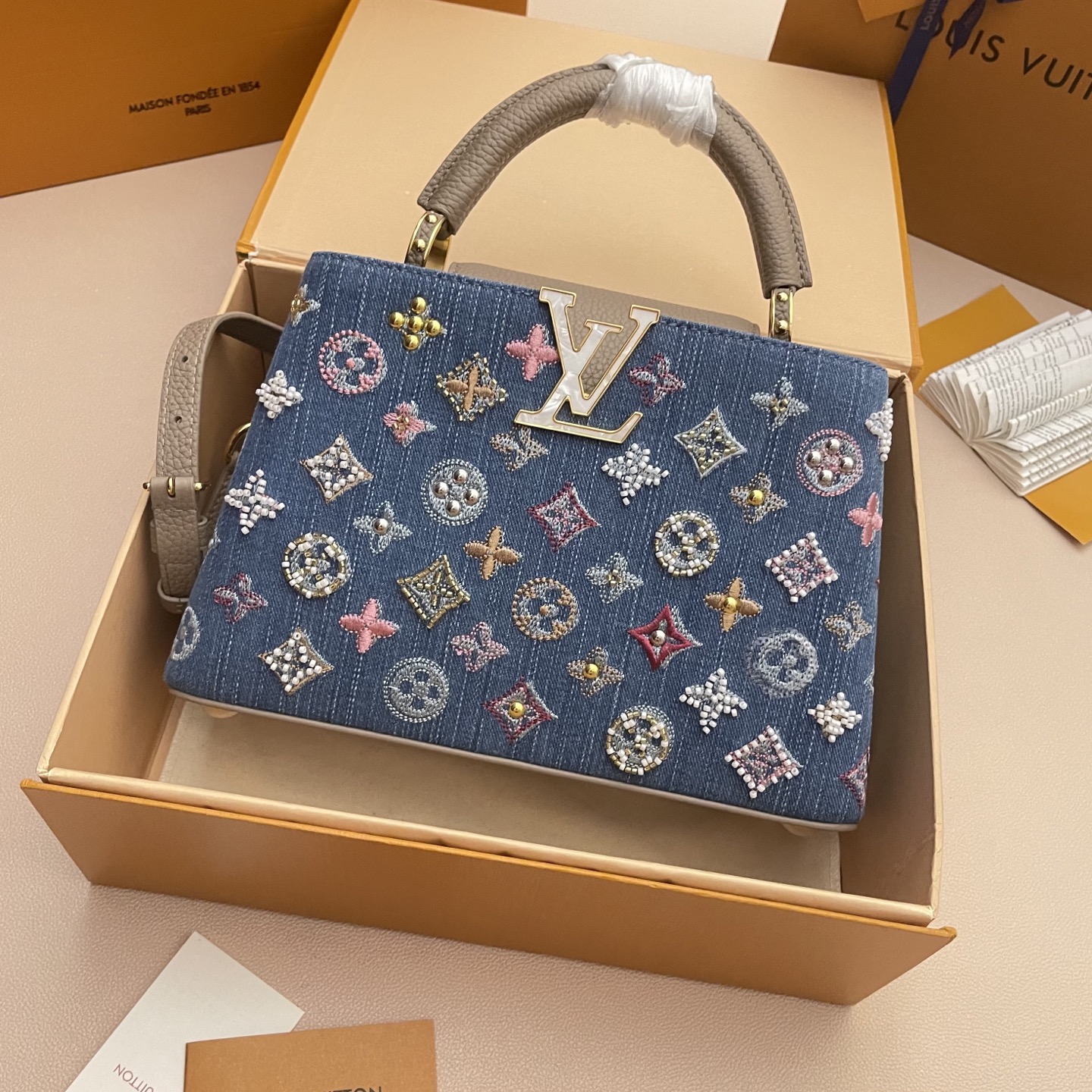Louis Vuitton Capucines Denim Embroidered Top Handle Bag, Mini Size 2 i1752498703802 222 0 0