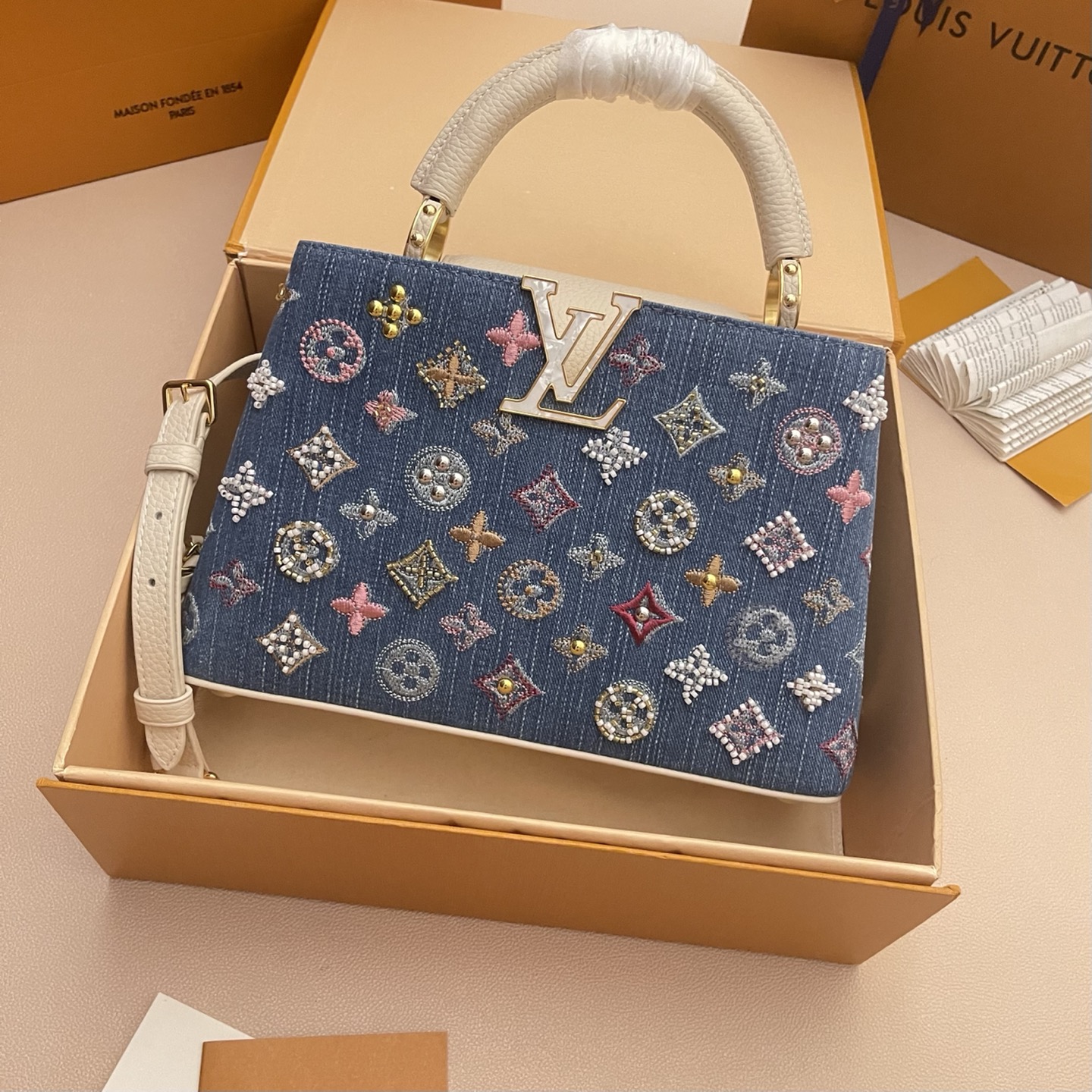 Louis Vuitton Capucines Denim Embroidered Beaded Mini Handbag, 21 x 13.6 x 8 cm 1 i1752498912976 9628 0 0