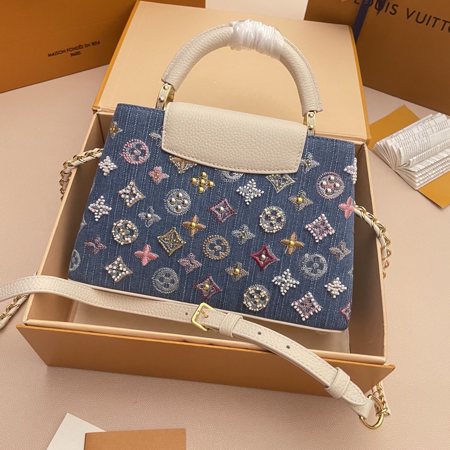 Louis Vuitton Capucines Denim Embroidered Beaded Mini Handbag, 21 x 13.6 x 8 cm 2 i1752498914895 4743 0 1