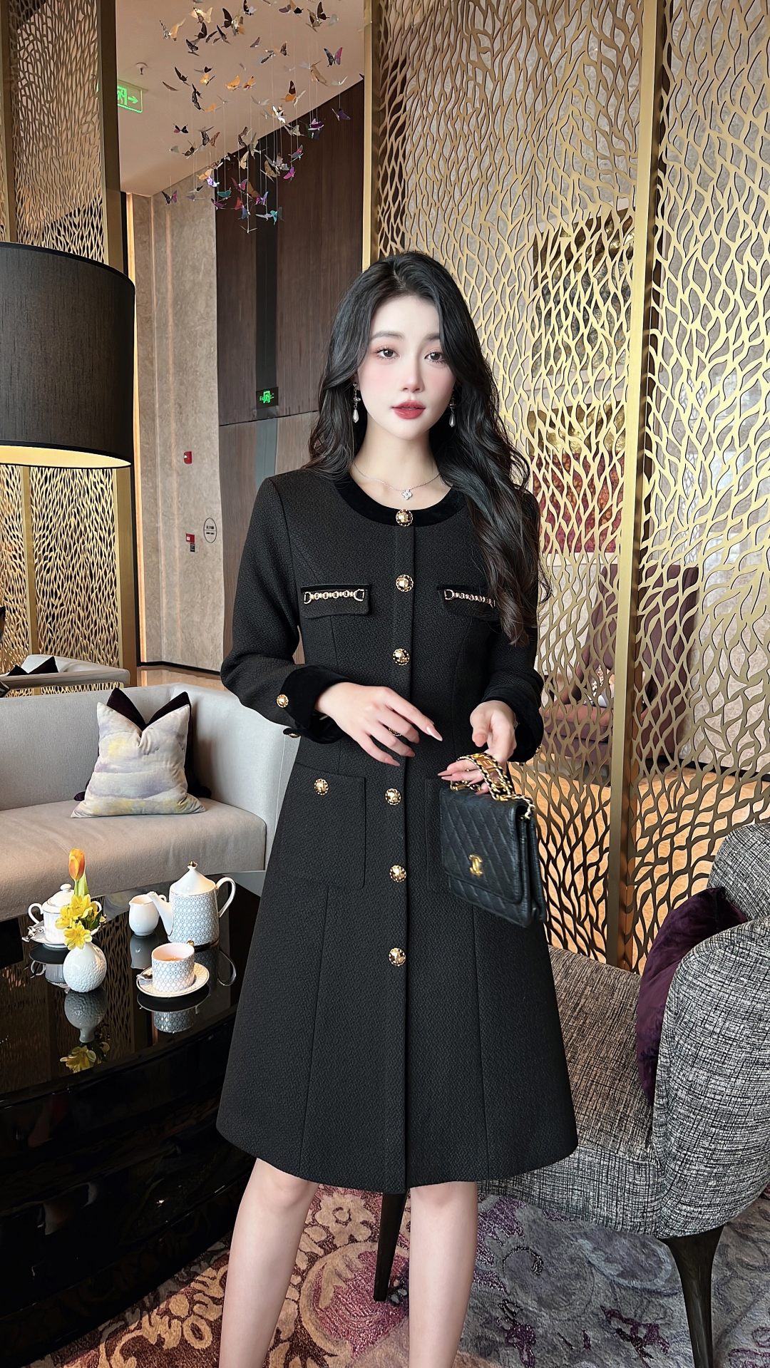 Elegant Tweed A-Line Dress with Velvet Collar & Button Detail - Chanel Style 7 a1697188240524 1002