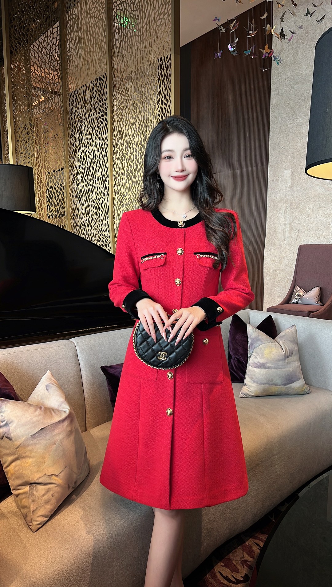 Elegant Tweed A-Line Dress with Velvet Collar - Chic Chanel-Inspired Style 5 a1697188421462 1627