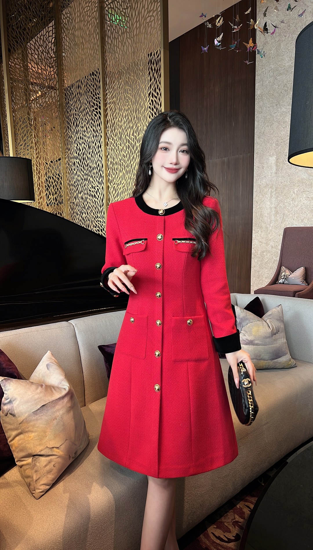 Elegant Tweed A-Line Dress with Velvet Collar - Chic Chanel-Inspired Style 7 a1697188421835 4420