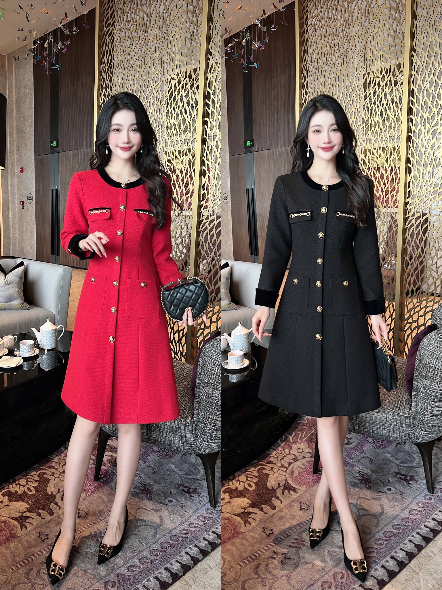 Elegant Tweed A-Line Dress with Velvet Collar - Chic Chanel-Inspired Style 9 a1697188422444 5844
