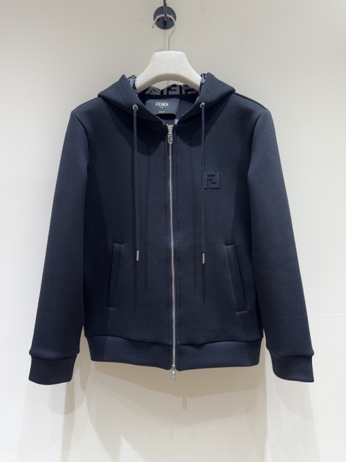 Fendi Men's Black Air Cotton Hoodie Jacket with Zip and Stand-Up Collar 1 Fendi Men's Black Air Cotton Hoodie Jacket with Zip and Stand-Up Collar