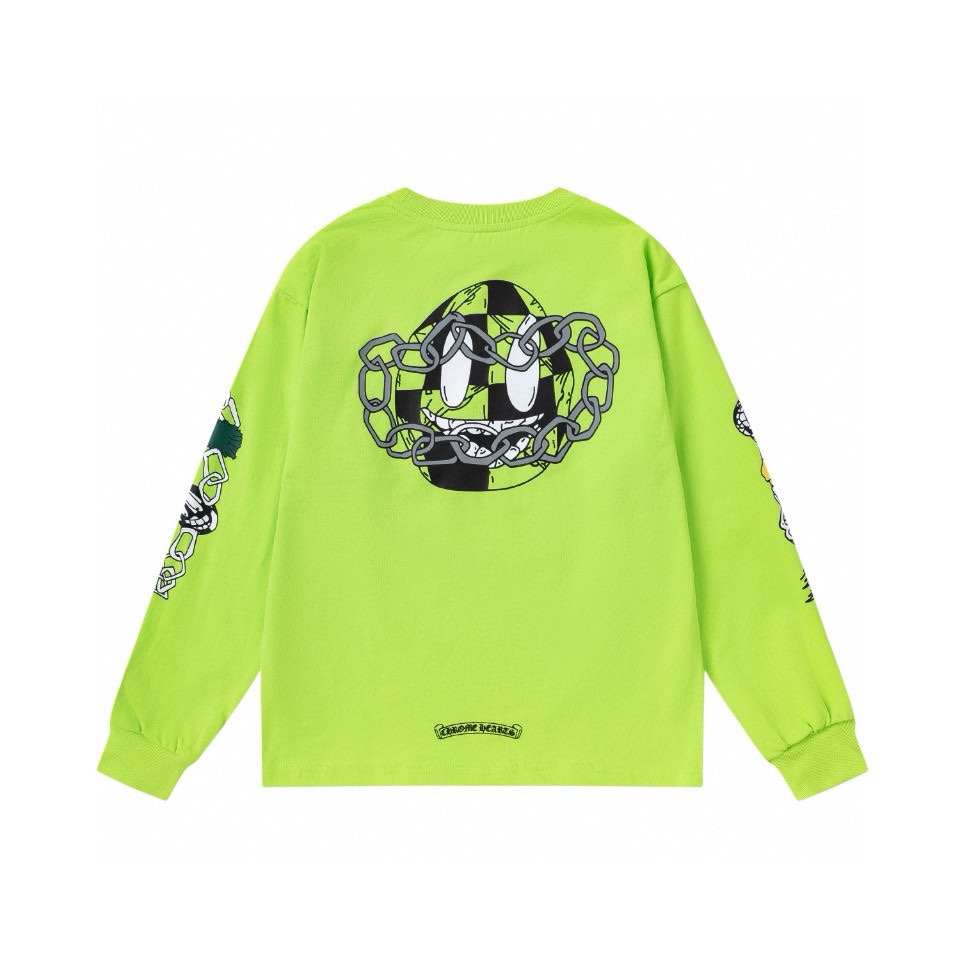 Crowe’s Fluorescent Green Graffiti Long Sleeve T-Shirt: CH-Defined High-Quality Cotton for Fall/Winter - 图片 2