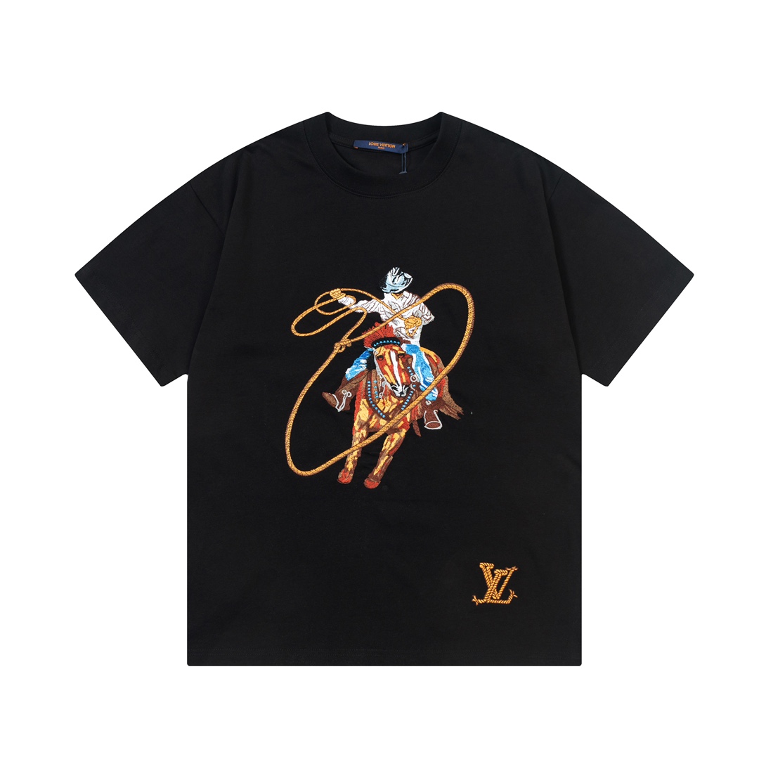 Louis Vuitton Black Cotton T-Shirt with Cowboy Embroidery - Unisex Style 2 i1734019096 6542 3