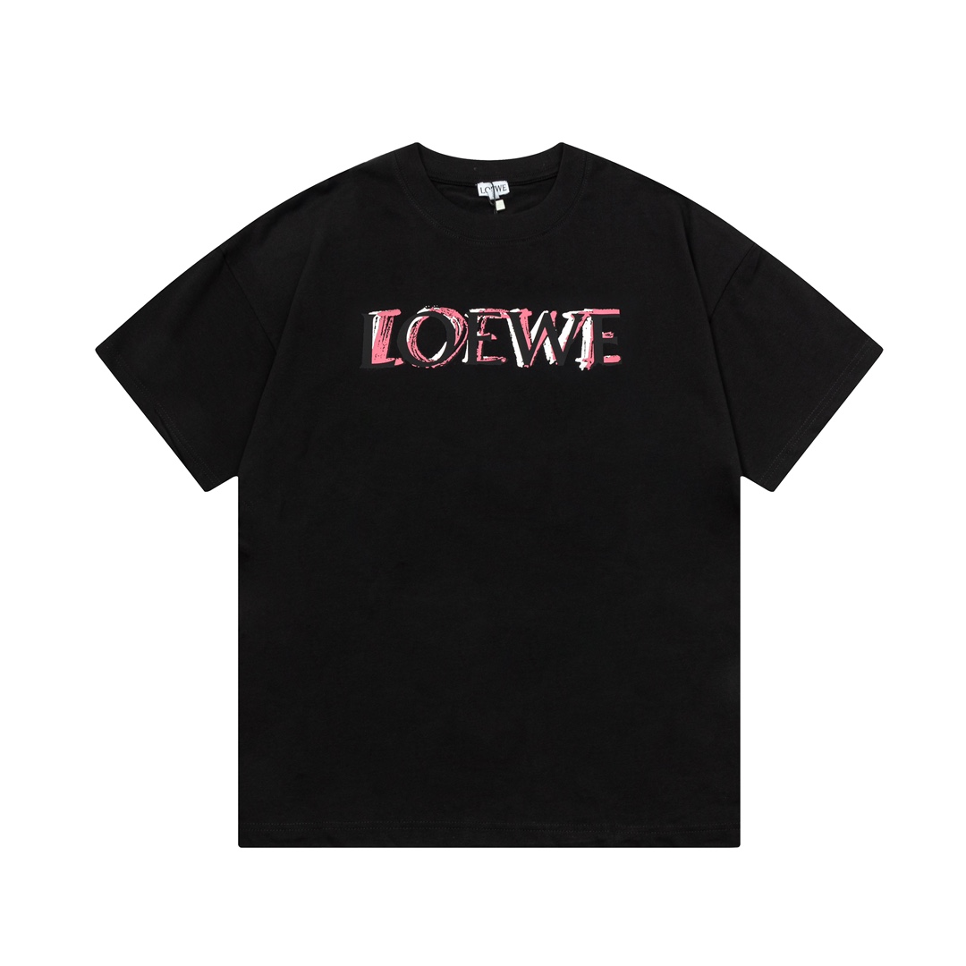 🅿️85 高版本 LOEWE 罗意威 2025新款 定制310g双纱纯棉面料 直喷黑粉重叠字母logo 男女同款 短袖t恤 颜色：黑色 尺码：S-XL