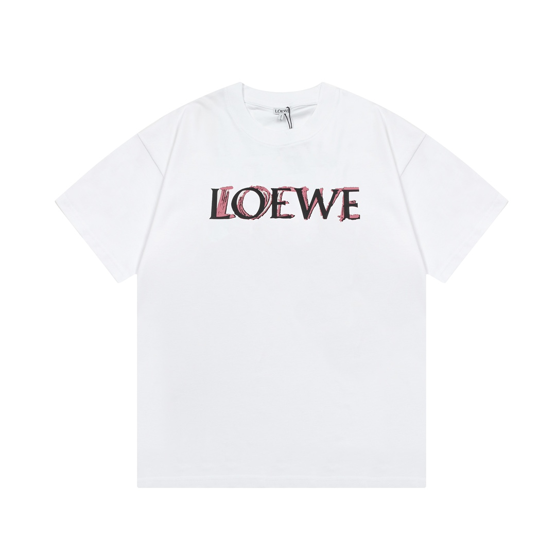 🅿️85 高版本 LOEWE 罗意威 2025新款 定制310g双纱纯棉面料 直喷黑粉重叠字母logo 男女同款 短袖t恤 颜色：白色 尺码：S-XL