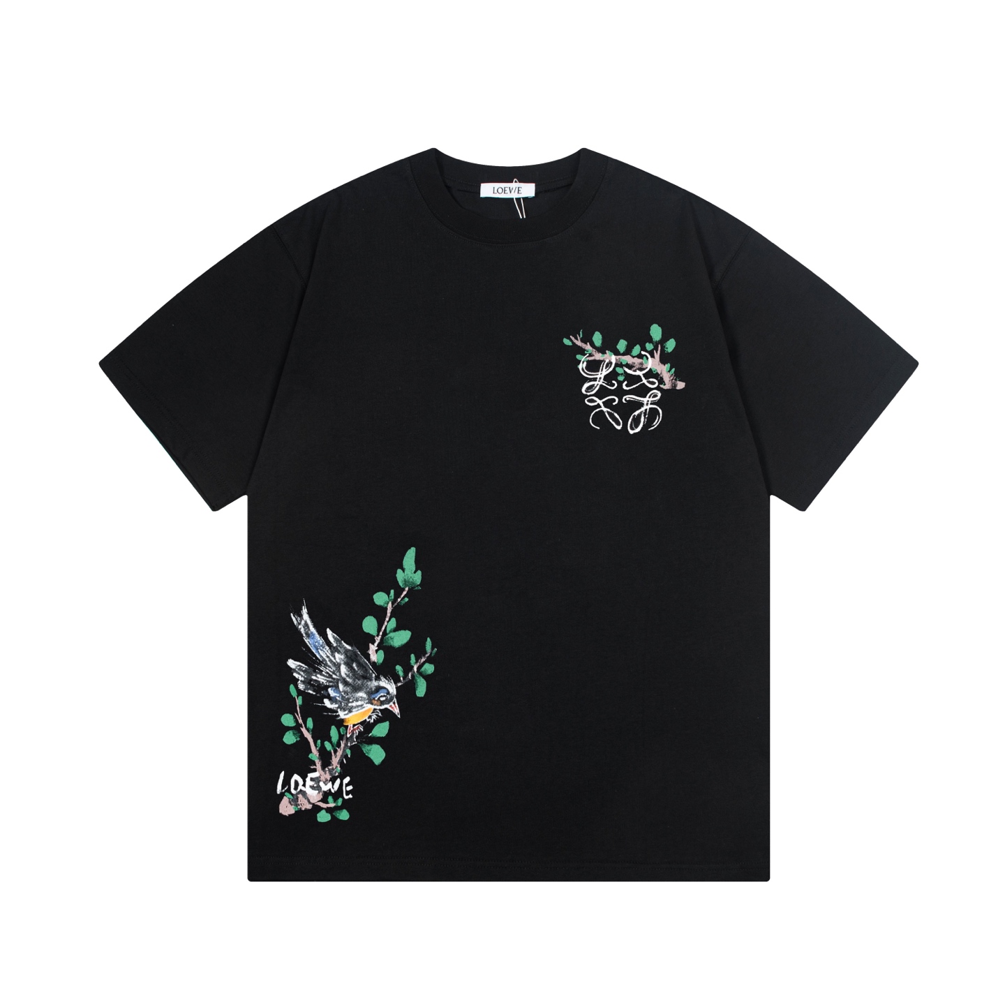 🅿️90 LOEWE 罗意威 2025 nuevo modelo, logo de graffiti con pájaros en la rama, unisex, camiseta de manga corta · tela de a…