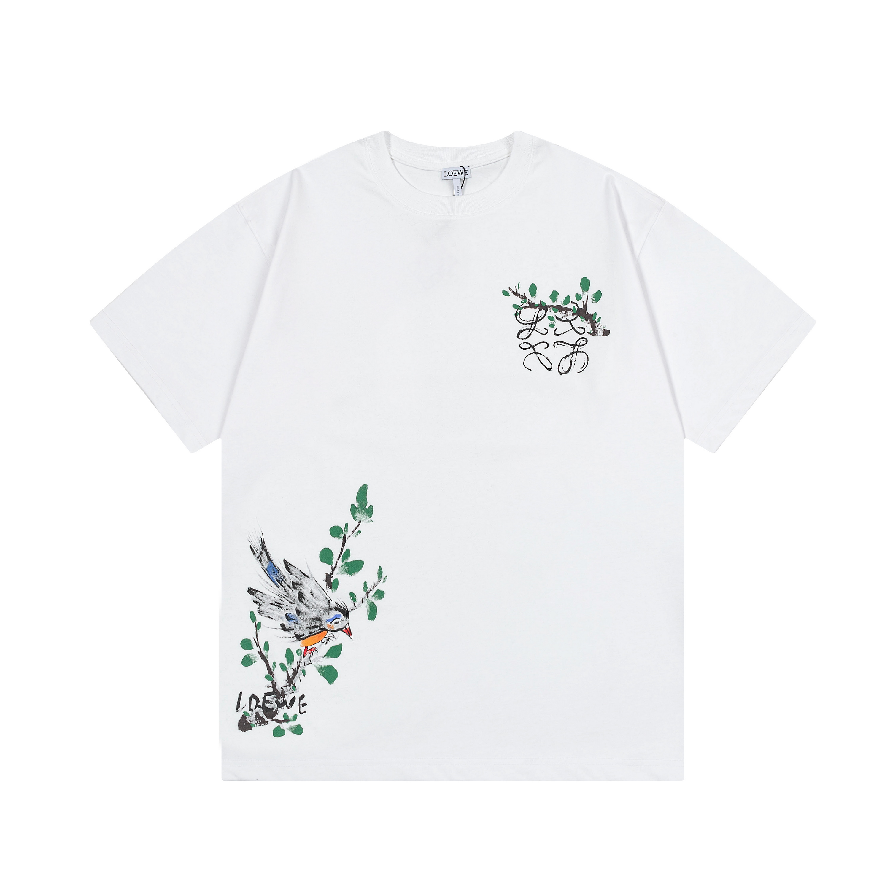 🅿️90 LOEWE 罗意威 2025 nuevo modelo, logo de graffiti con pájaros en la rama, unisex, camiseta de manga corta · tela de a…