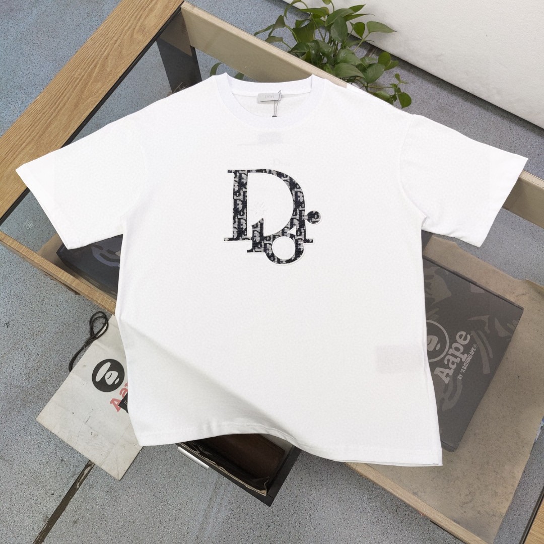 Dior Clothing T-Shirt Black White Embroidery Unisex Cotton Short Sleeve