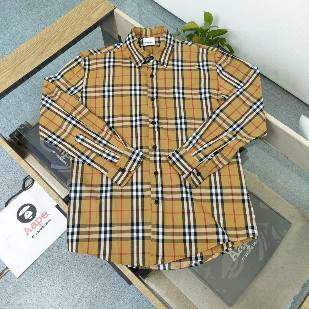 Burberry Clothing Shirts & Blouses Replica 1:1 High Quality
 Khaki Lattice Unisex Cotton Fashion Long Sleeve