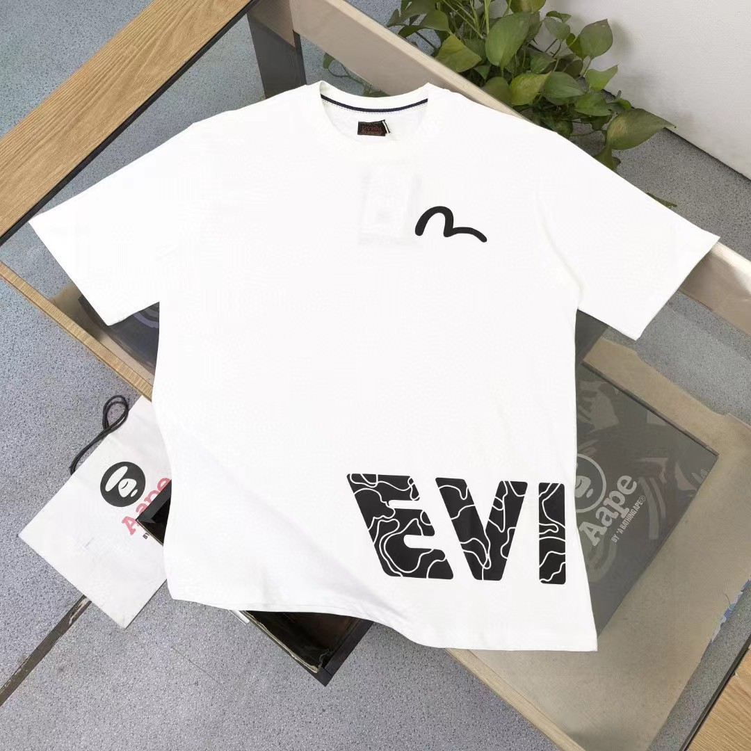 Evisu Clothing T-Shirt Black White Printing Unisex Cotton Spring/Summer Collection Short Sleeve